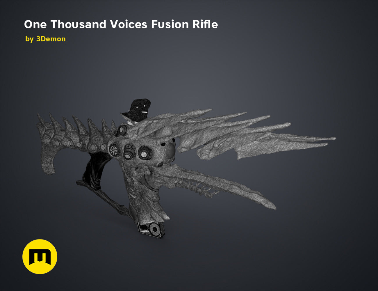 Digital 3D render of One Thousand Voices Fusion Rifle STL, grey textured sci-fi firearm with winged wings.