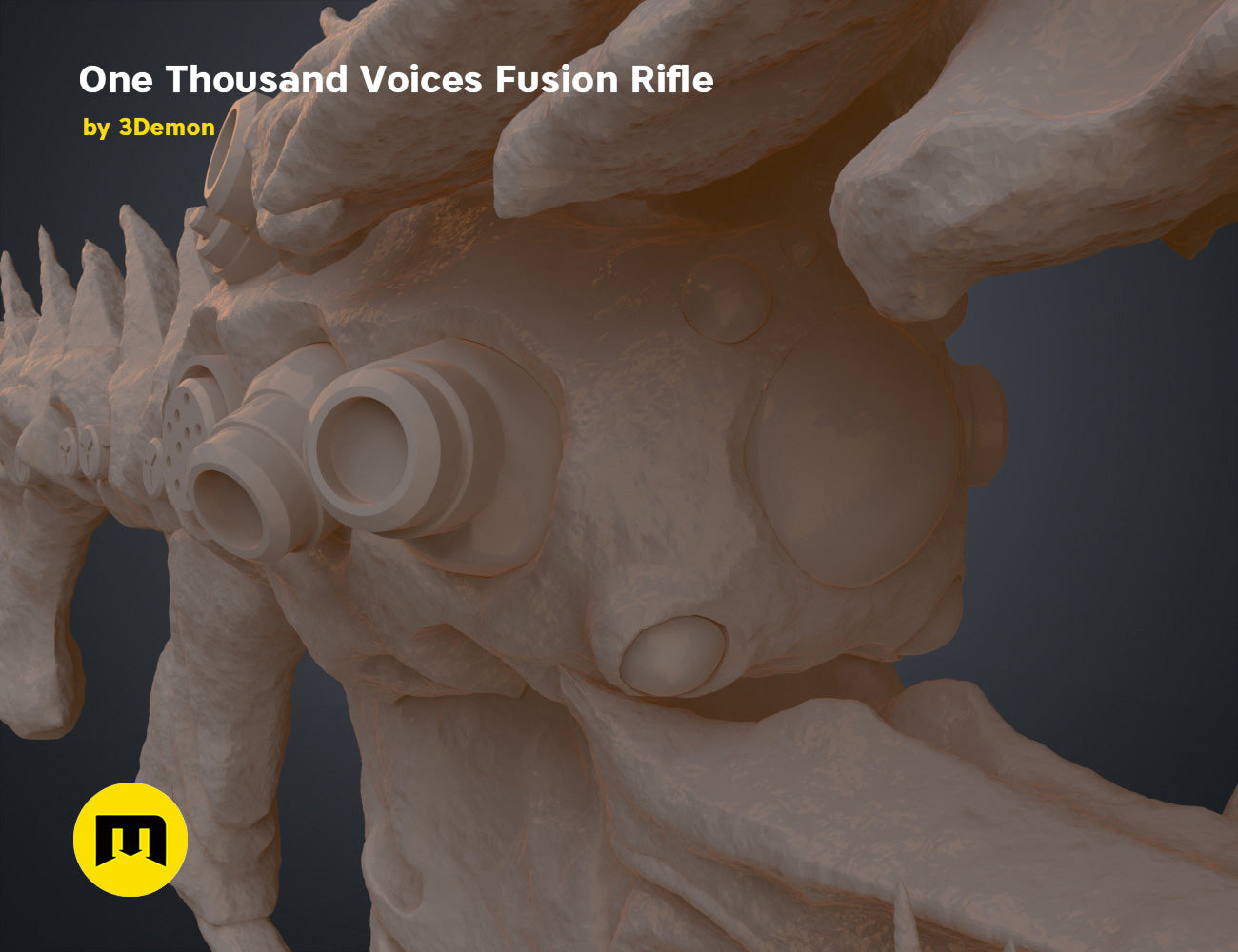 Textured 3D render of One Thousand Voices Fusion Rifle, rusty metallic sci-fi weapon with dual barrels.