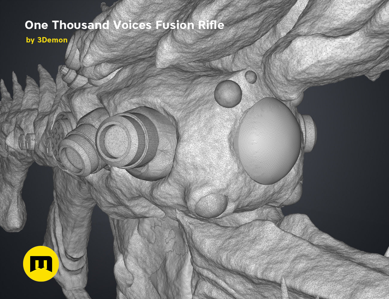 Wireframe mesh render of One Thousand Voices Fusion Rifle STL, grey grainy mesh, dual-barrelled sci-fi weapon