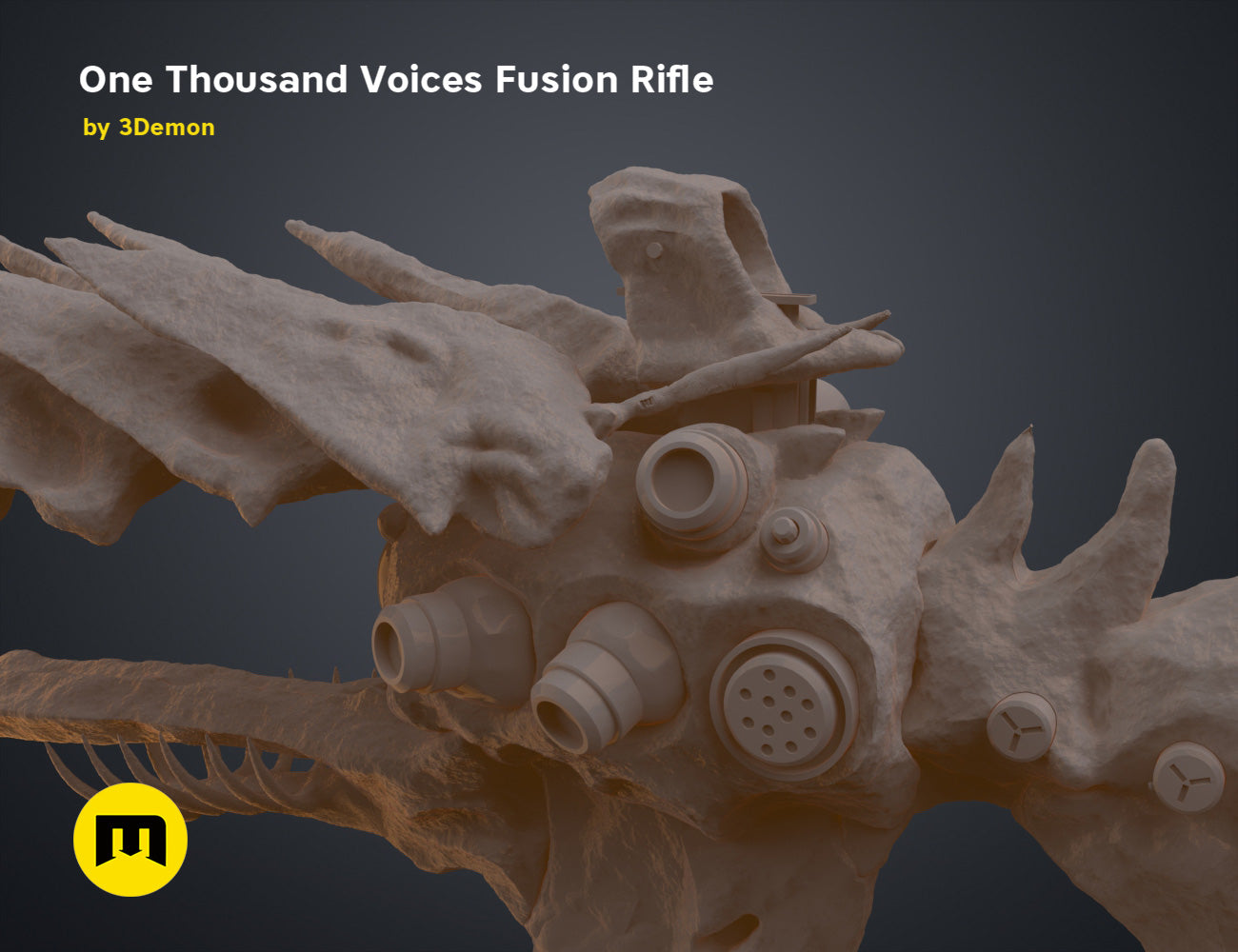 Textured 3D render of One Thousand Voices Fusion Rifle, 3D printed dragon-themed weapon with 3 barrels.