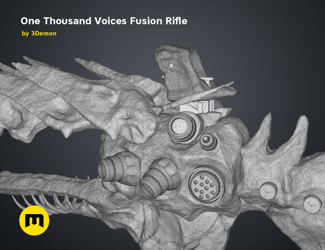 Wireframe mesh render of One Thousand Voices Fusion Rifle STL, grey textured sci-fi shoulder weapon with dual barrels...