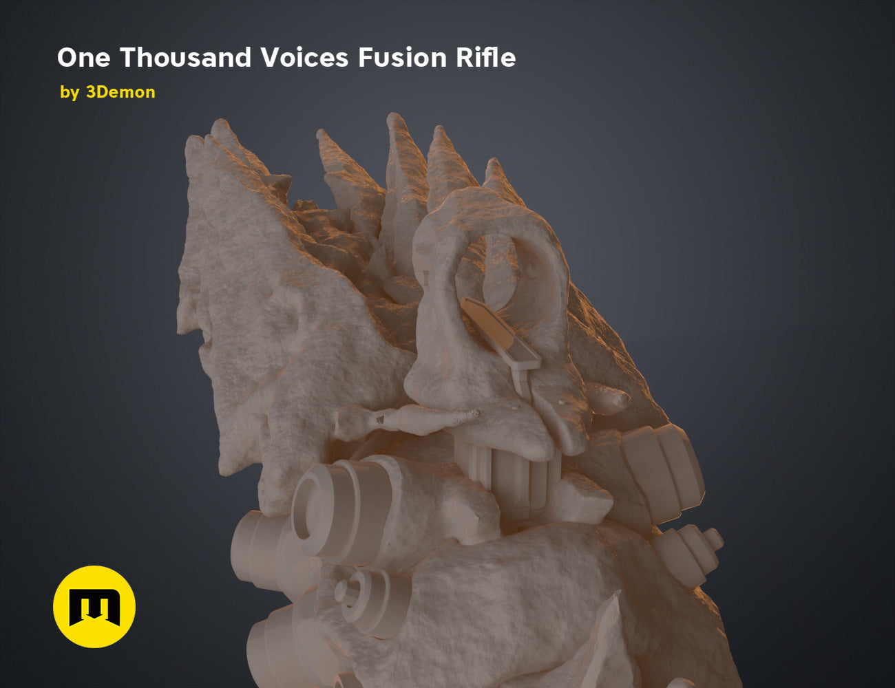 Textured 3D render of One Thousand Voices Fusion Rifle, metallic grey with orange accents, 5-pronged STL.
