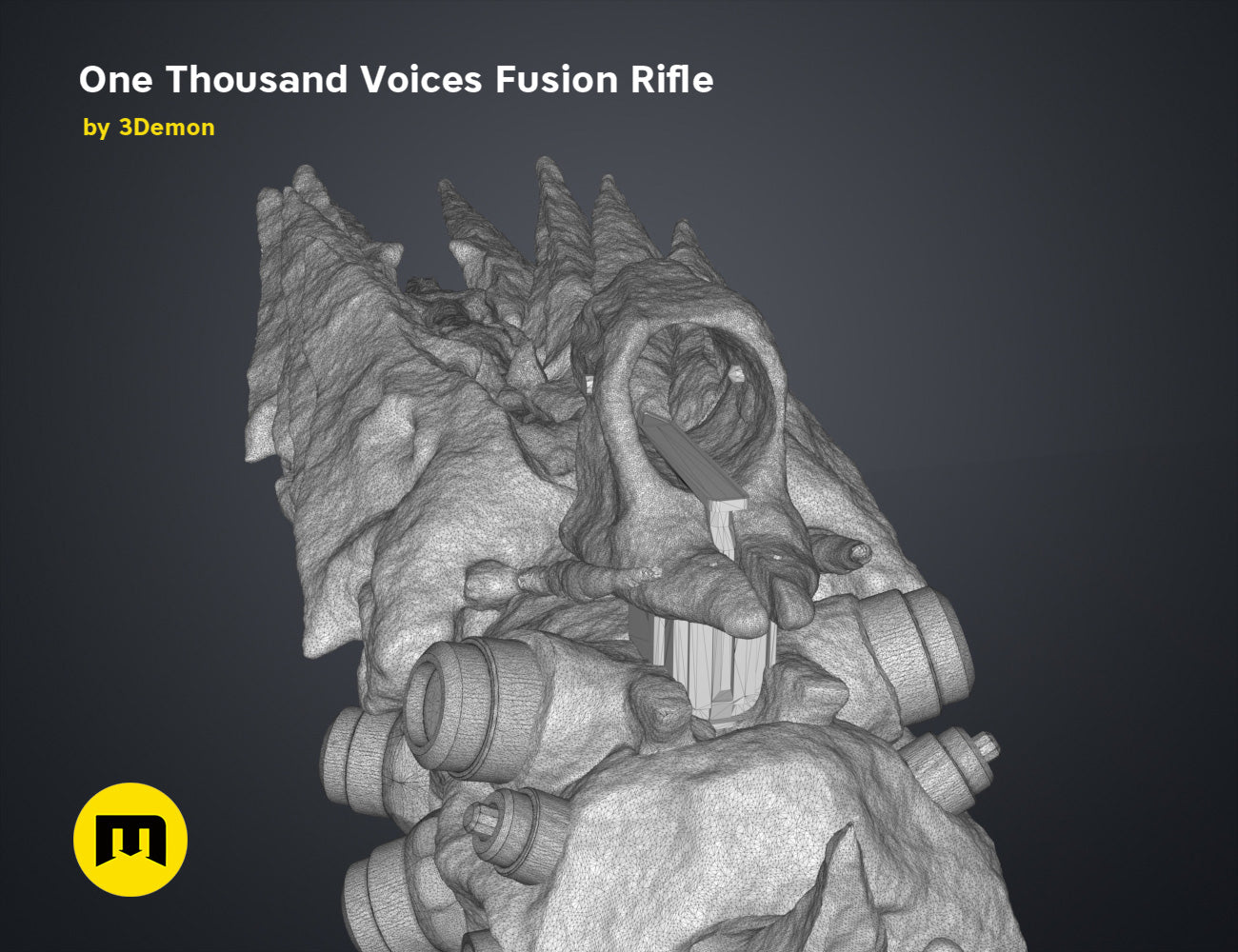 Wireframe mesh render of One Thousand Voices Fusion Rifle STL, grey grainy texture, multi-pronged barrel and grip.