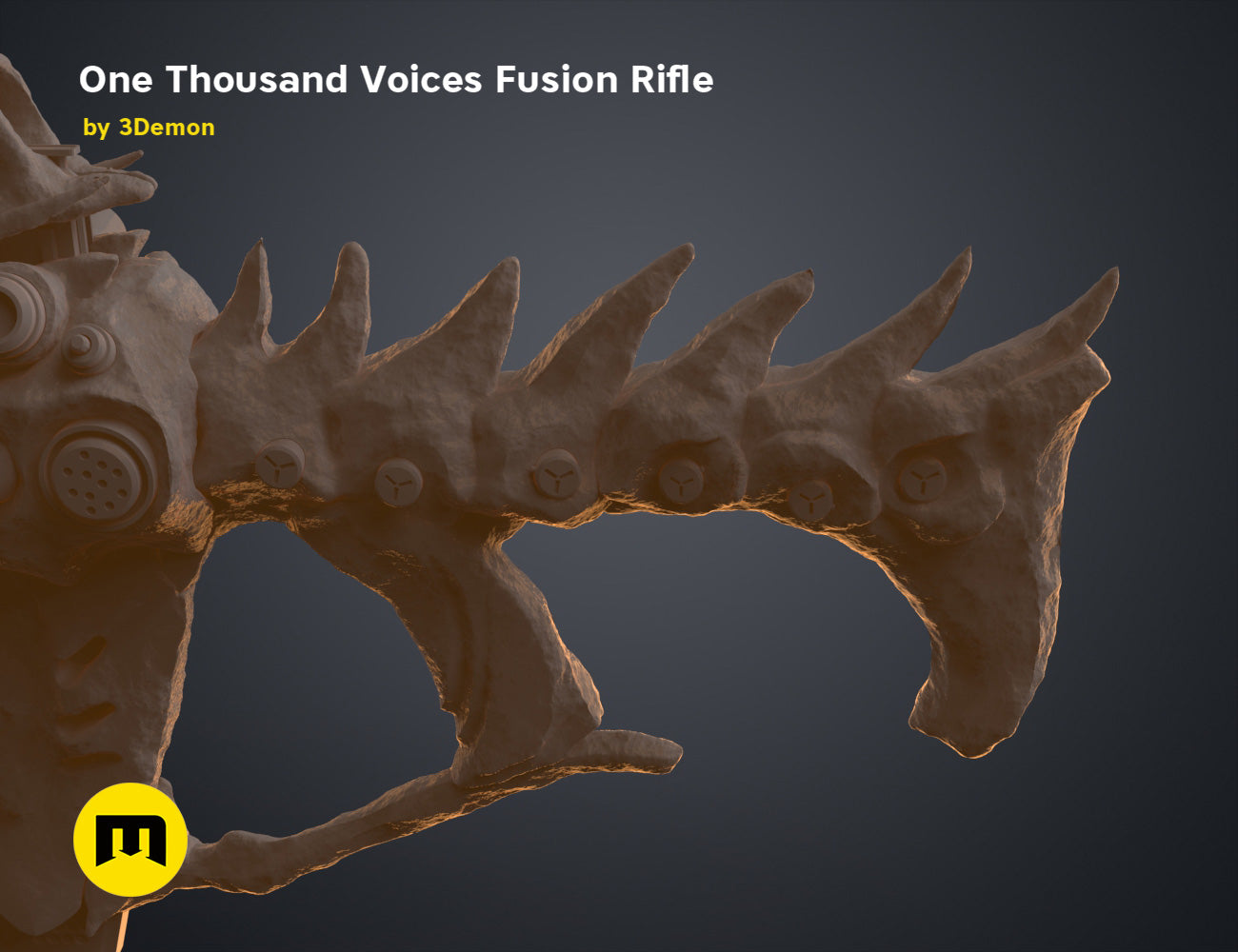 Textured 3D render of One Thousand Voices Fusion Rifle STL, rusted metal, five-pronged barrel.