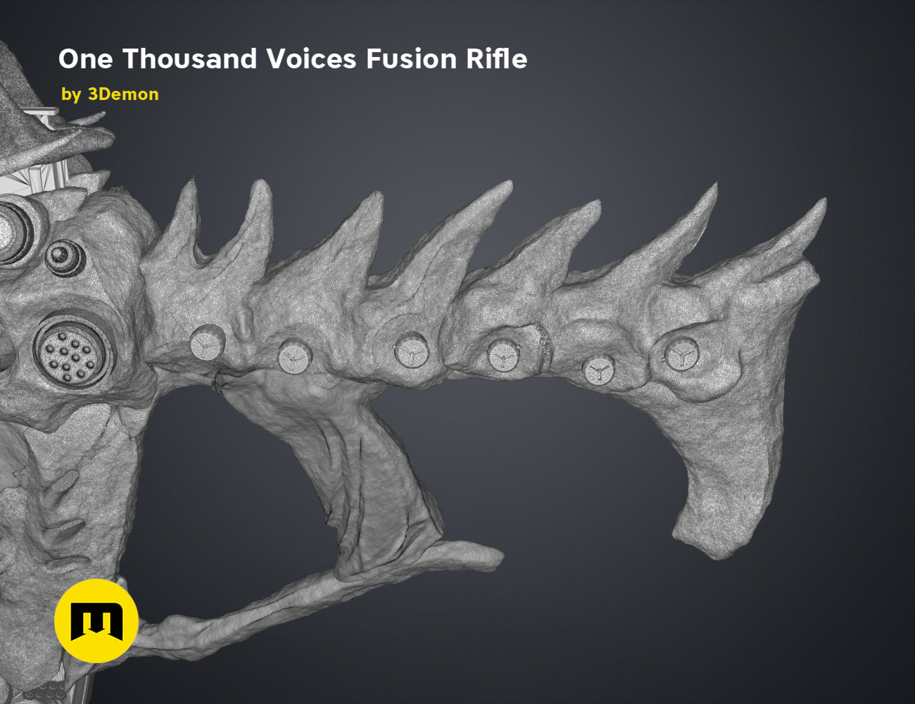 3D model render of One Thousand Voices Fusion Rifle STL, grey textured 7-pronged weapon.