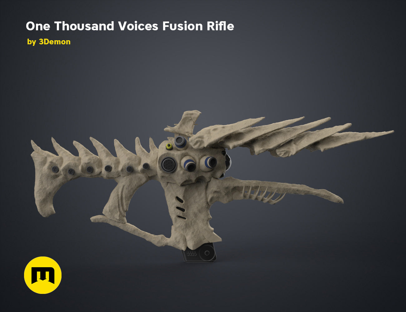 Digital 3D render of One Thousand Voices Fusion Rifle STL, grey textured sci-fi weapon with 10 prongs.