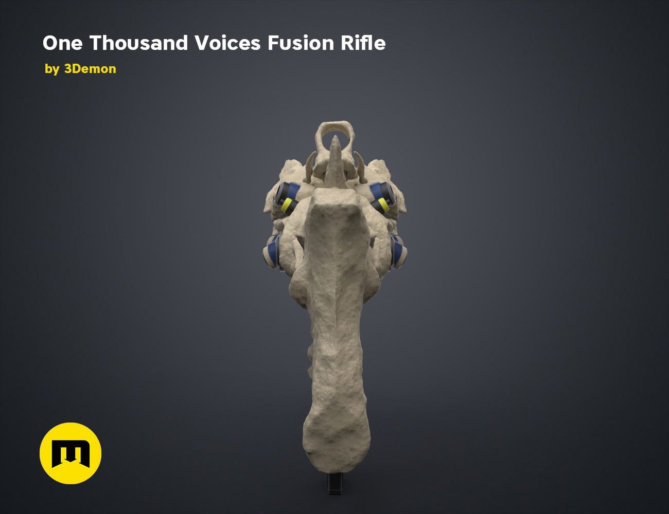 Digital 3D render of One Thousand Voices Fusion Rifle STL, grey textured sci-fi weapon with dual blue prongs.