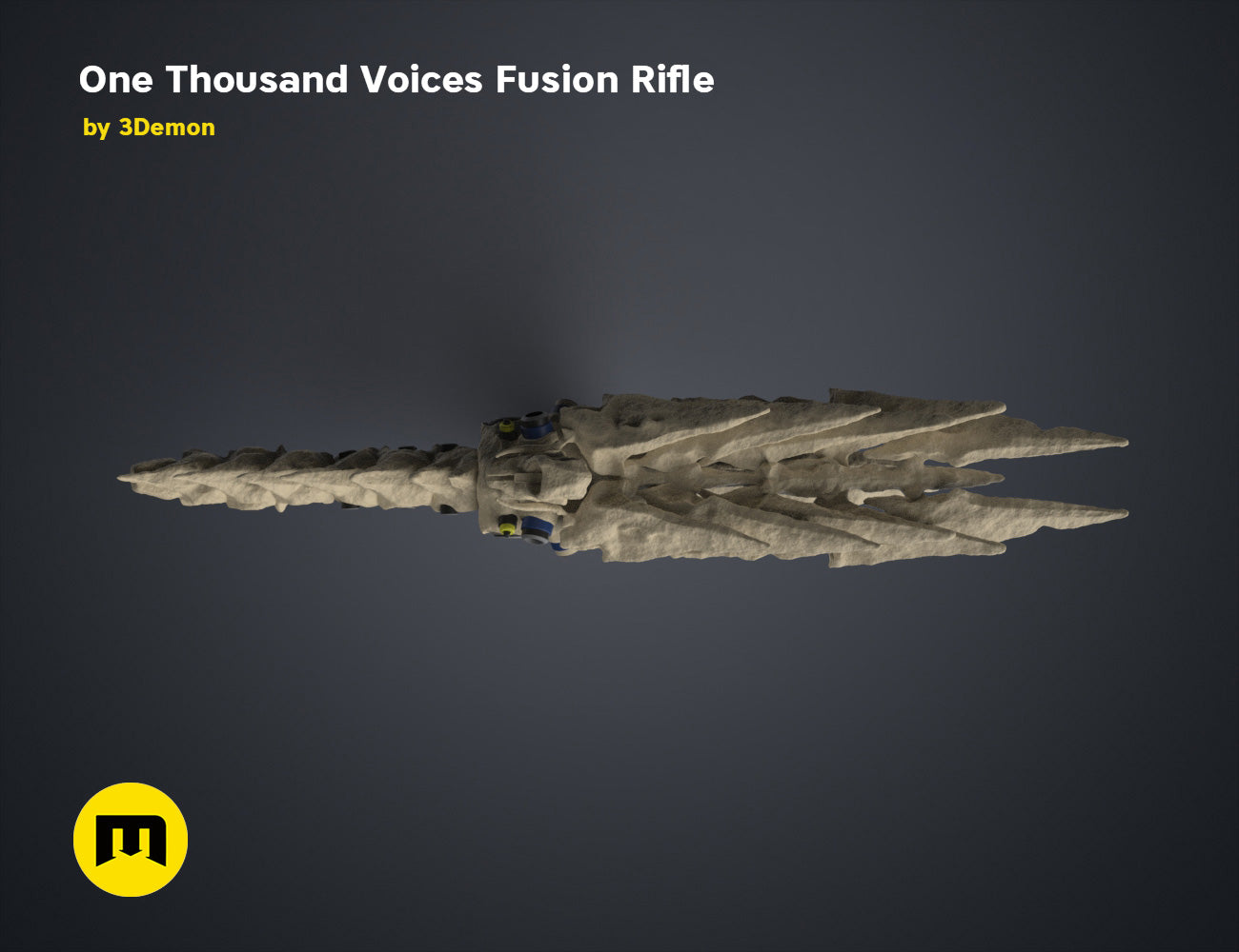 Digital 3D render of One Thousand Voices Fusion Rifle STL, grey textured sci-fi weapon with 12 prongs.