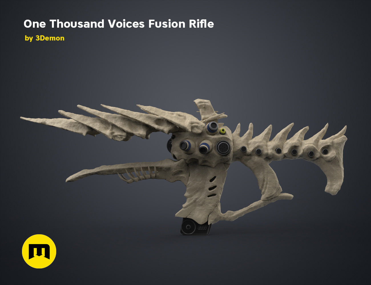 Digital 3D render of One Thousand Voices Fusion Rifle STL, grey textured sci-fi weapon with 12 prongs.