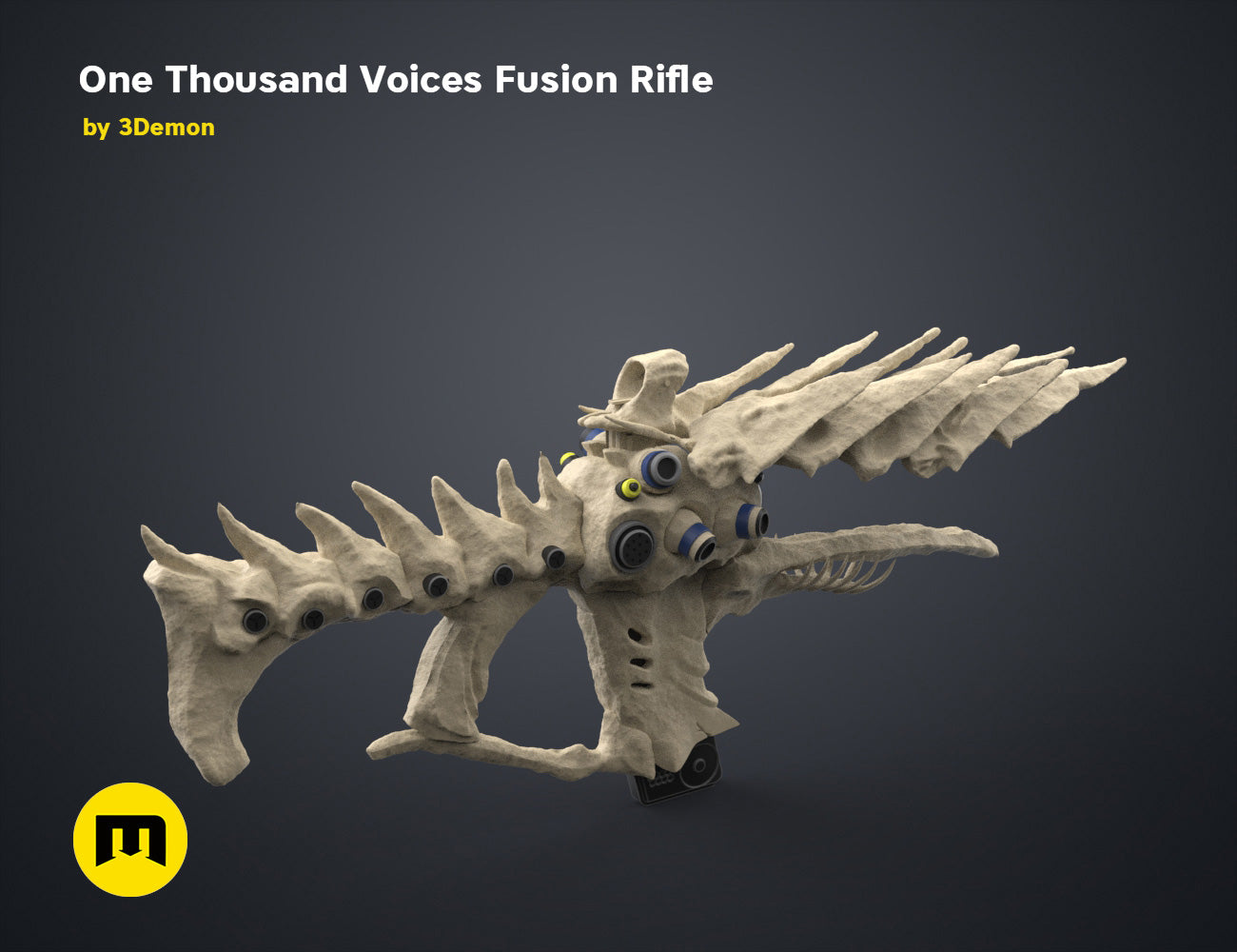 Digital 3D render of One Thousand Voices Fusion Rifle STL, grey textured 10-pronged weapon.