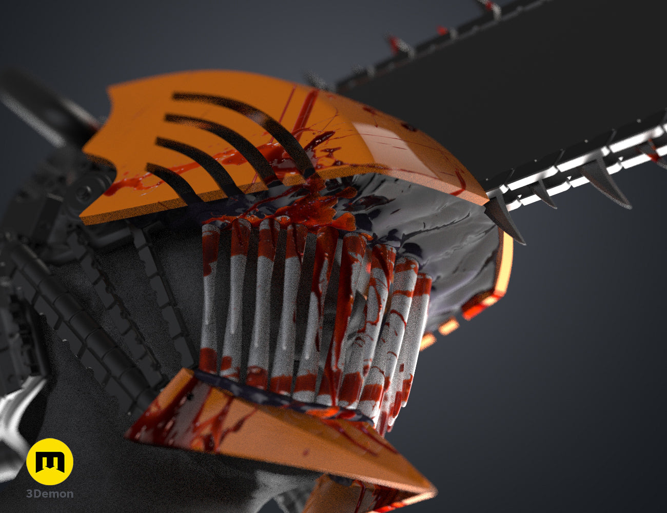 Painted 3D render of Chainsaw Man Set & Pochita, orange chainsaw blade with red blood effects, 3D print cosplay prop.