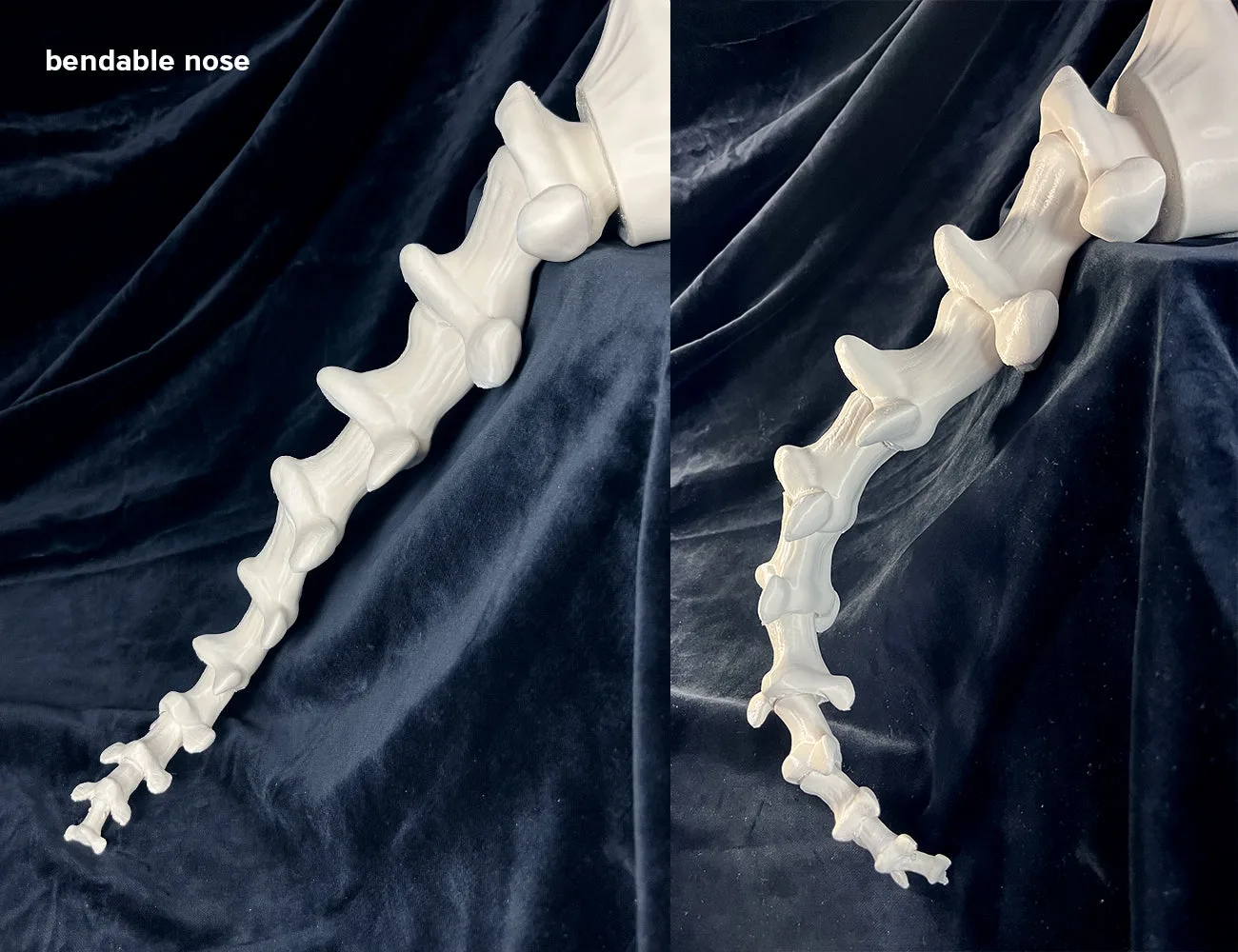 Disassembled parts of The Sandman’s helm STL, bendable nose with segmented white 3D printed bones.