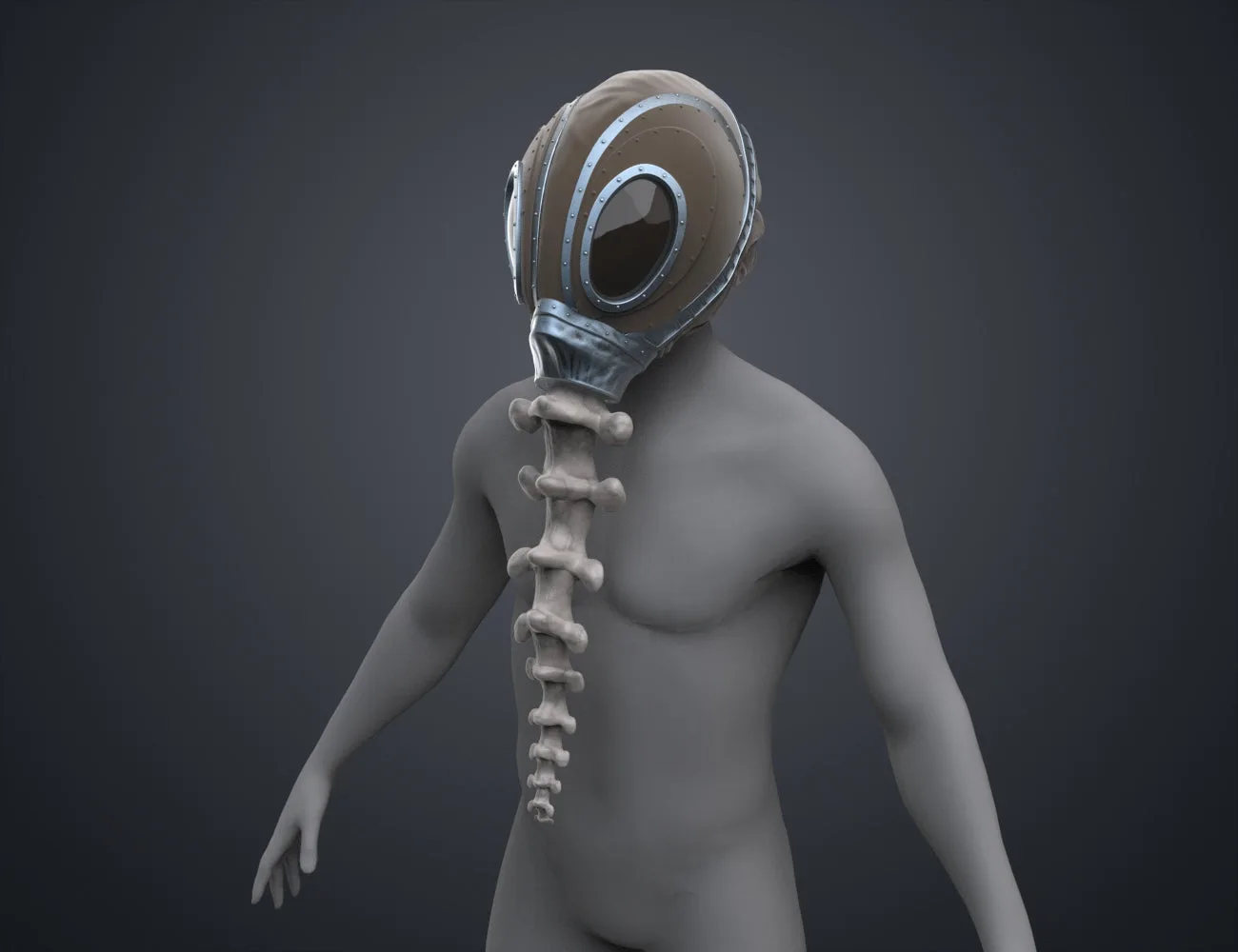 Digital 3D render of The Sandman’s helm STL, metallic visor with exposed spine attachment.