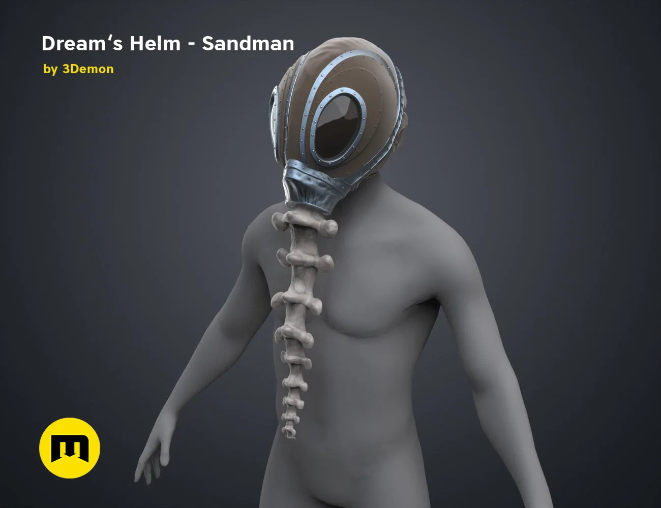 Digital 3D render of Dream’s Helm Sandman STL, metallic grey futuristic helmet with exposed spine.