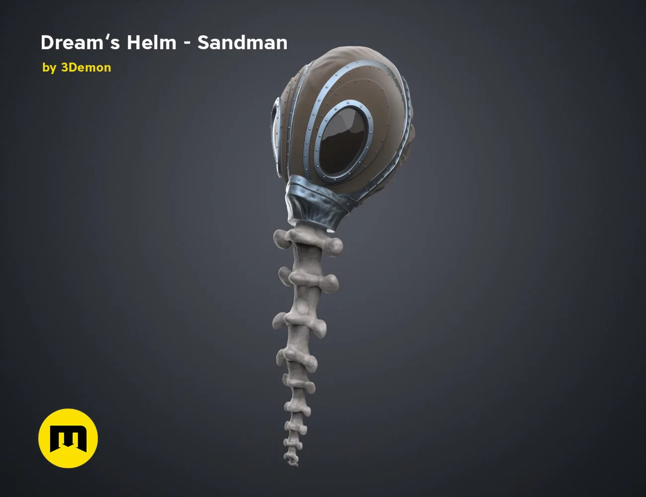 Digital 3D render of Dream’s Helm Sandman STL, metallic grey with black visor, segmented spine.