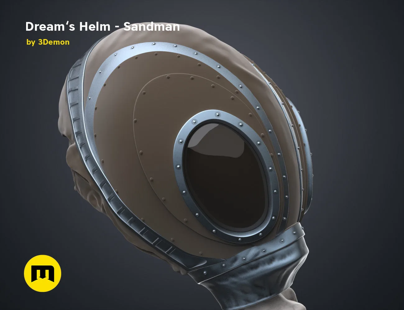 Textured 3D render of Dream’s Helm Sandman STL, metallic brown and black armored cosplay prop.