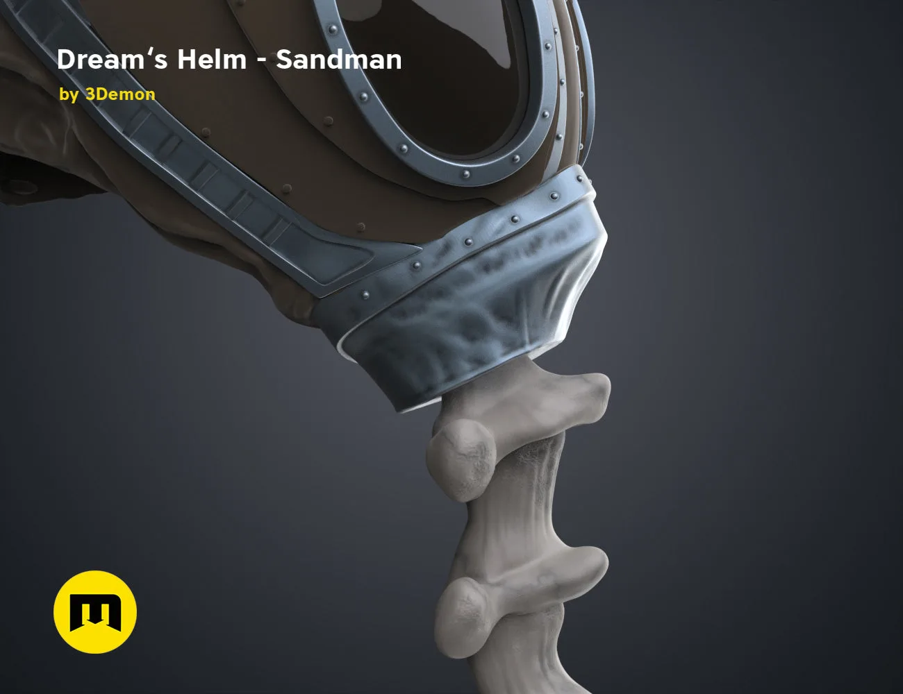 Digital 3D render of Dream’s Helm Sandman STL, metallic grey cosplay helmet with skull prongs.