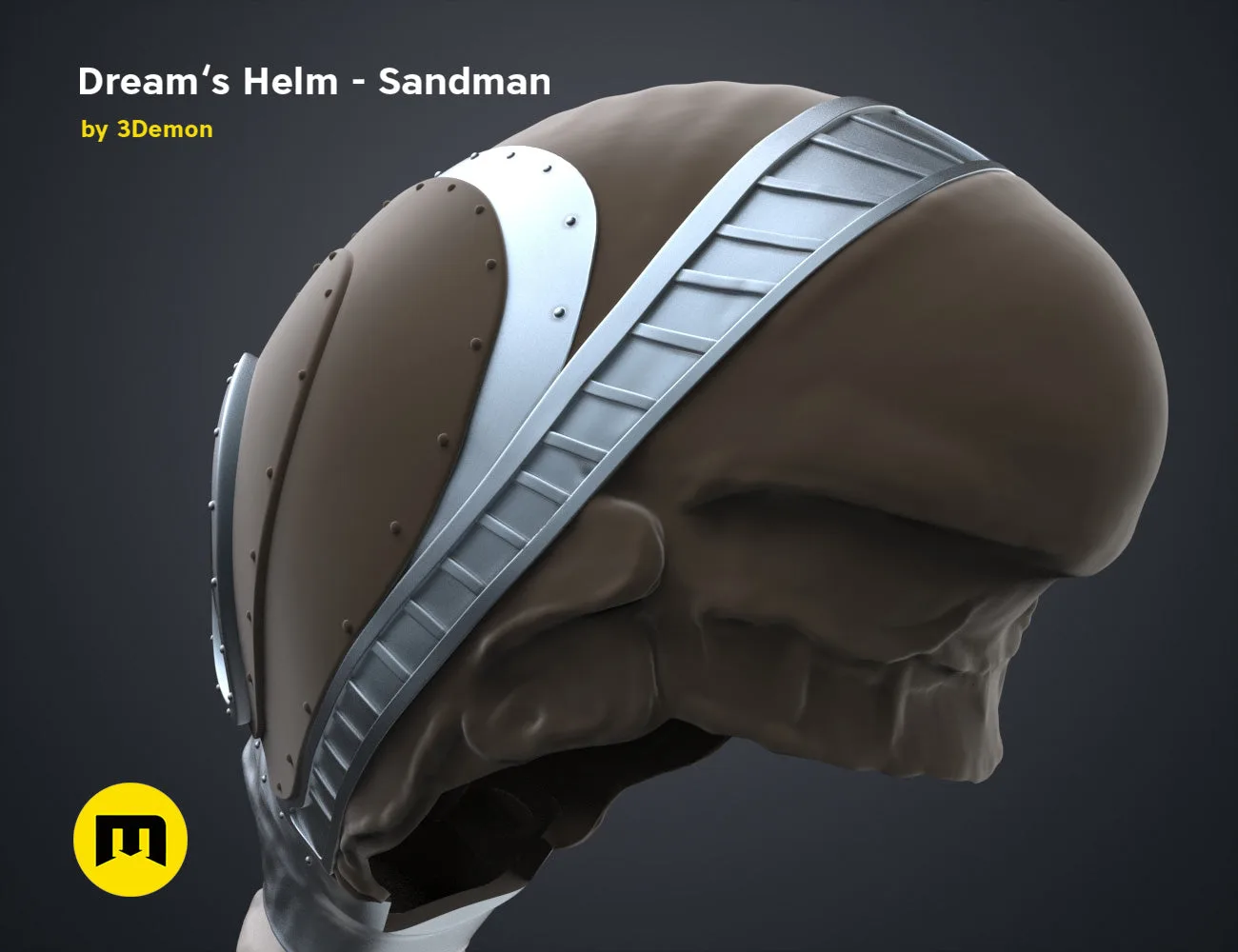 Printable 3D model of Dream’s Helm Sandman, dark grey metallic helmet with silver strapping.