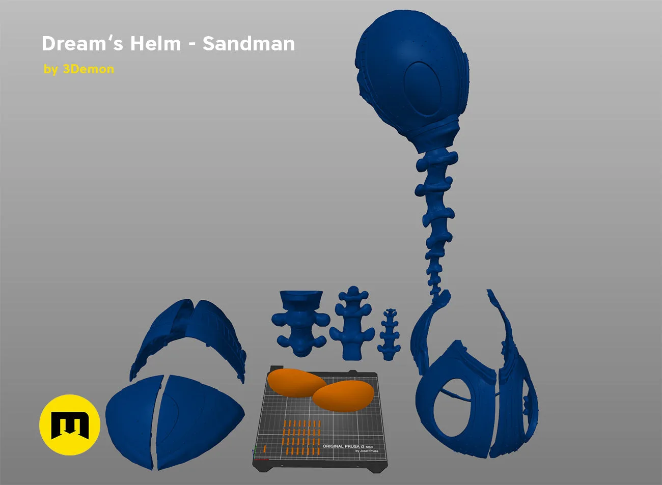 Disassembled parts of Dream’s Helm – Sandman STL, 3D printed blue helmet with 8 separate pieces.