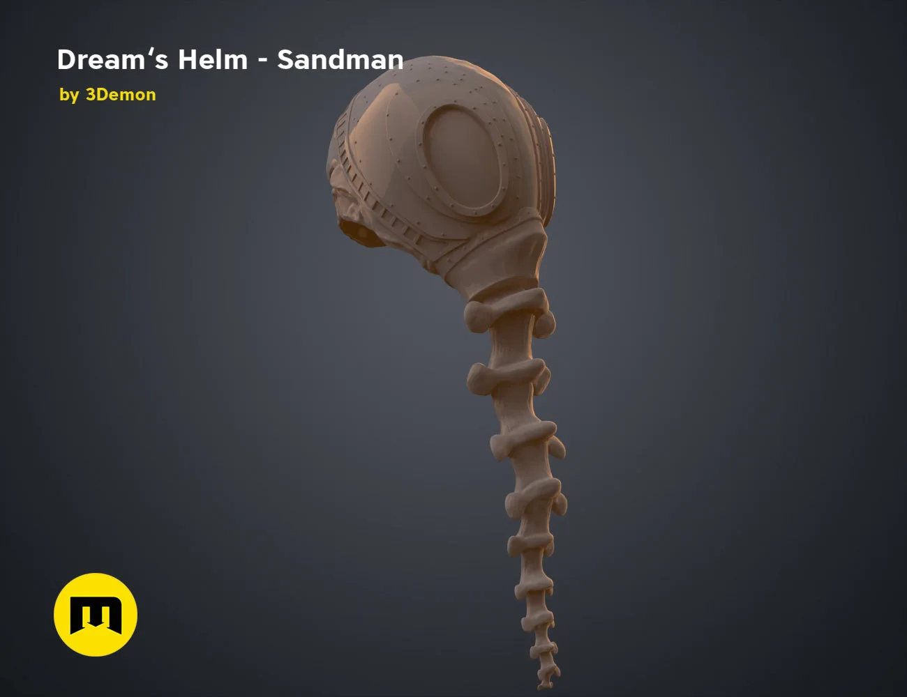 Printable 3D model of Dream’s Helm Sandman, textured brown sci-fi helmet with spinal attachment.