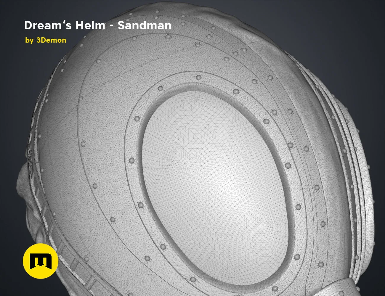Wireframe mesh render of Dream’s Helm Sandman STL, grey mesh topology, circular visor with rivets.