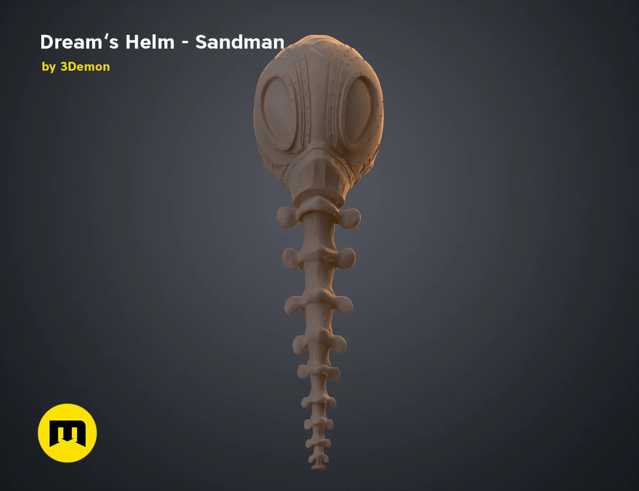 Digital 3D render of Dream’s Helm Sandman STL, brown textured helmet with eye lenses and segmented spine.