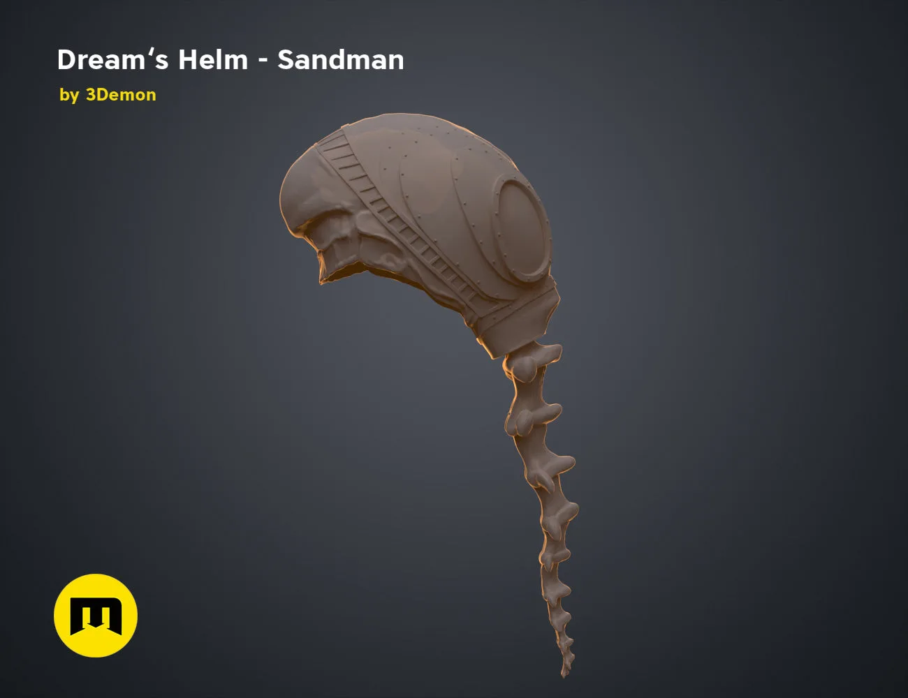 Digital 3D render of Dream’s Helm Sandman STL, brown textured helmet with flowing spine.