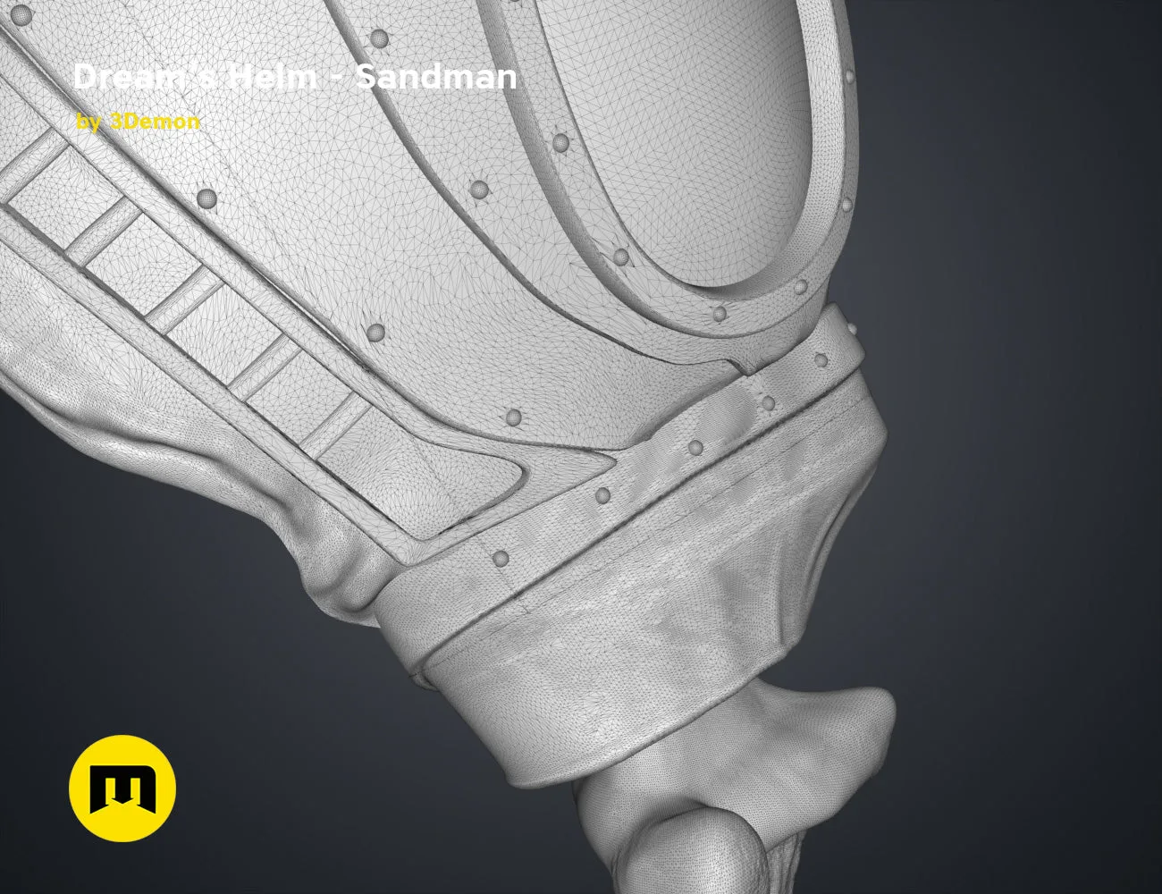 Wireframe mesh render of The Sandman’s helm STL, grey mesh topology, detailed rivets and armor plates.