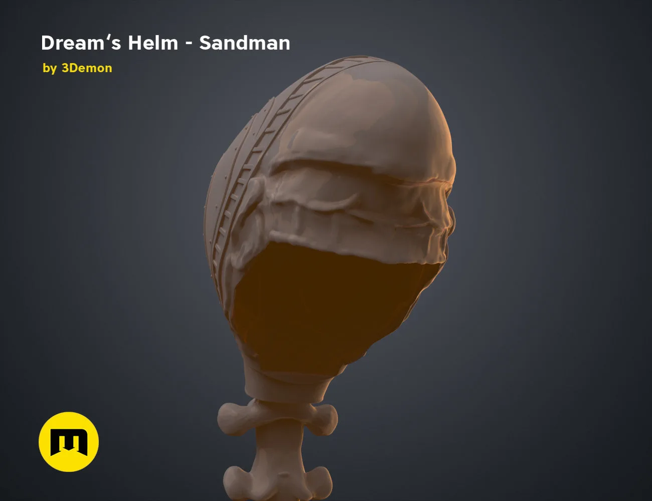 3D model render of Dream’s Helm – Sandman STL, brown textured fantasy helmet with skull base.