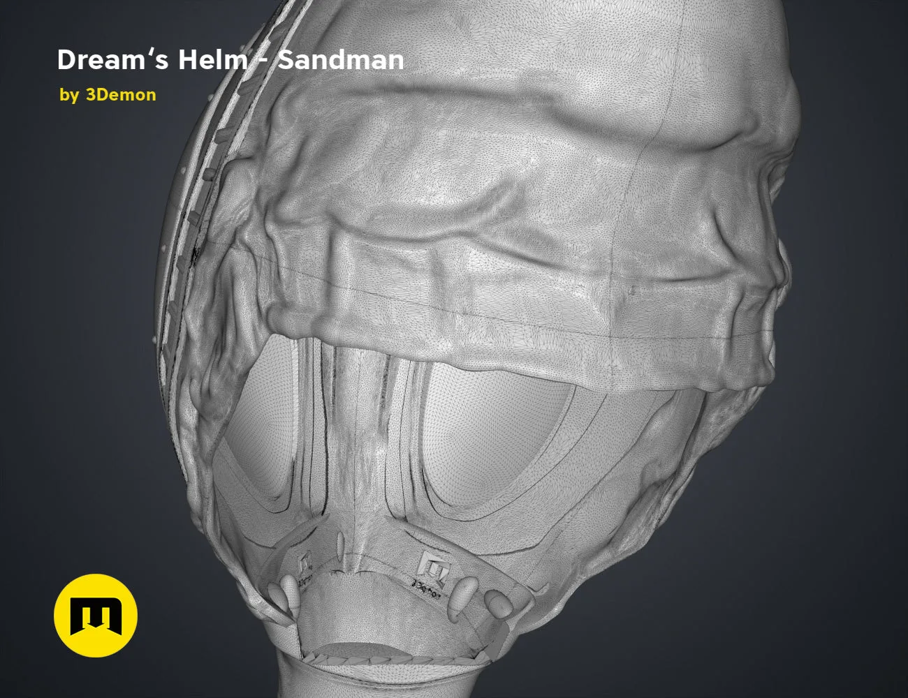 Wireframe mesh render of Sandman helm STL, grey grainy mesh, detailed facial armor with curved cheek plates.