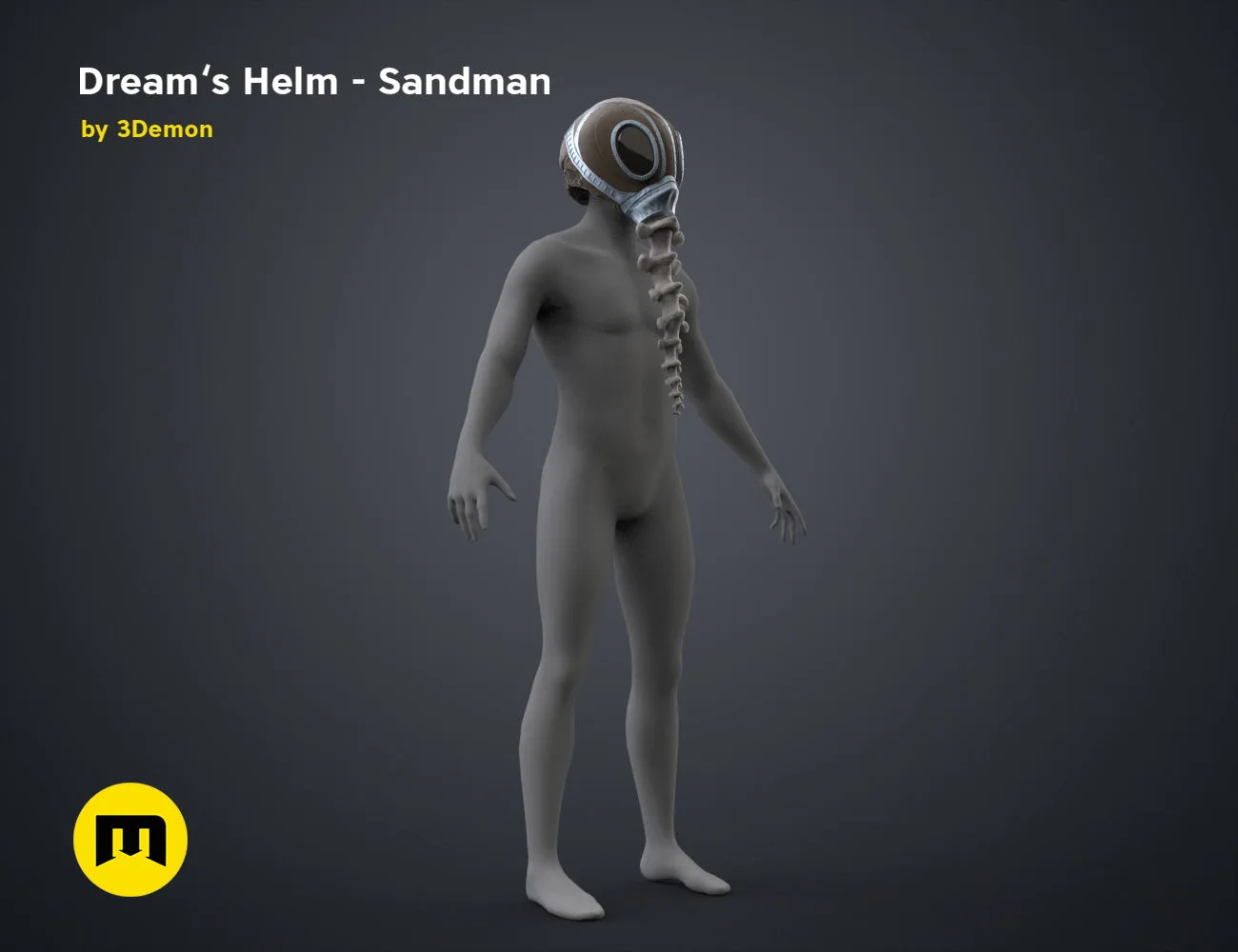 Digital 3D render of Dream’s Helm Sandman STL, metallic futuristic headpiece with glowing eye.