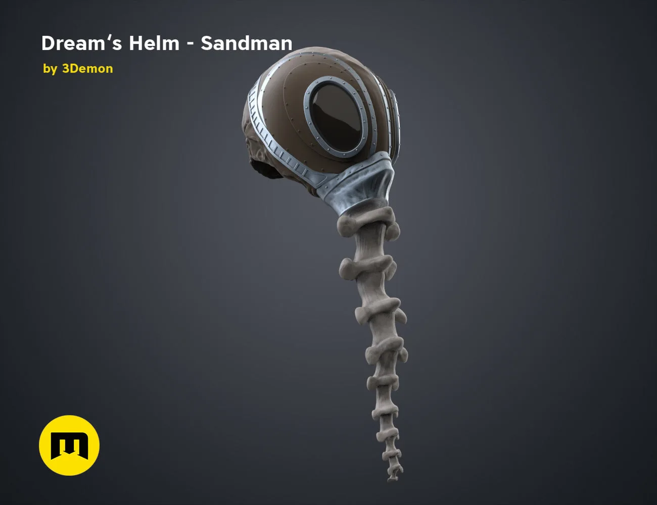 Digital 3D render of Dream’s Helm Sandman STL, grey metallic skull helm with skeletal neck.