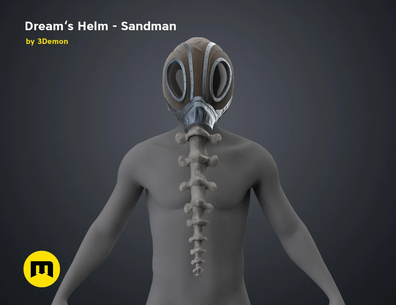 3D model render of Dream’s Helm Sandman STL, metallic gasmask with dual eye lenses, printable cosplay prop.