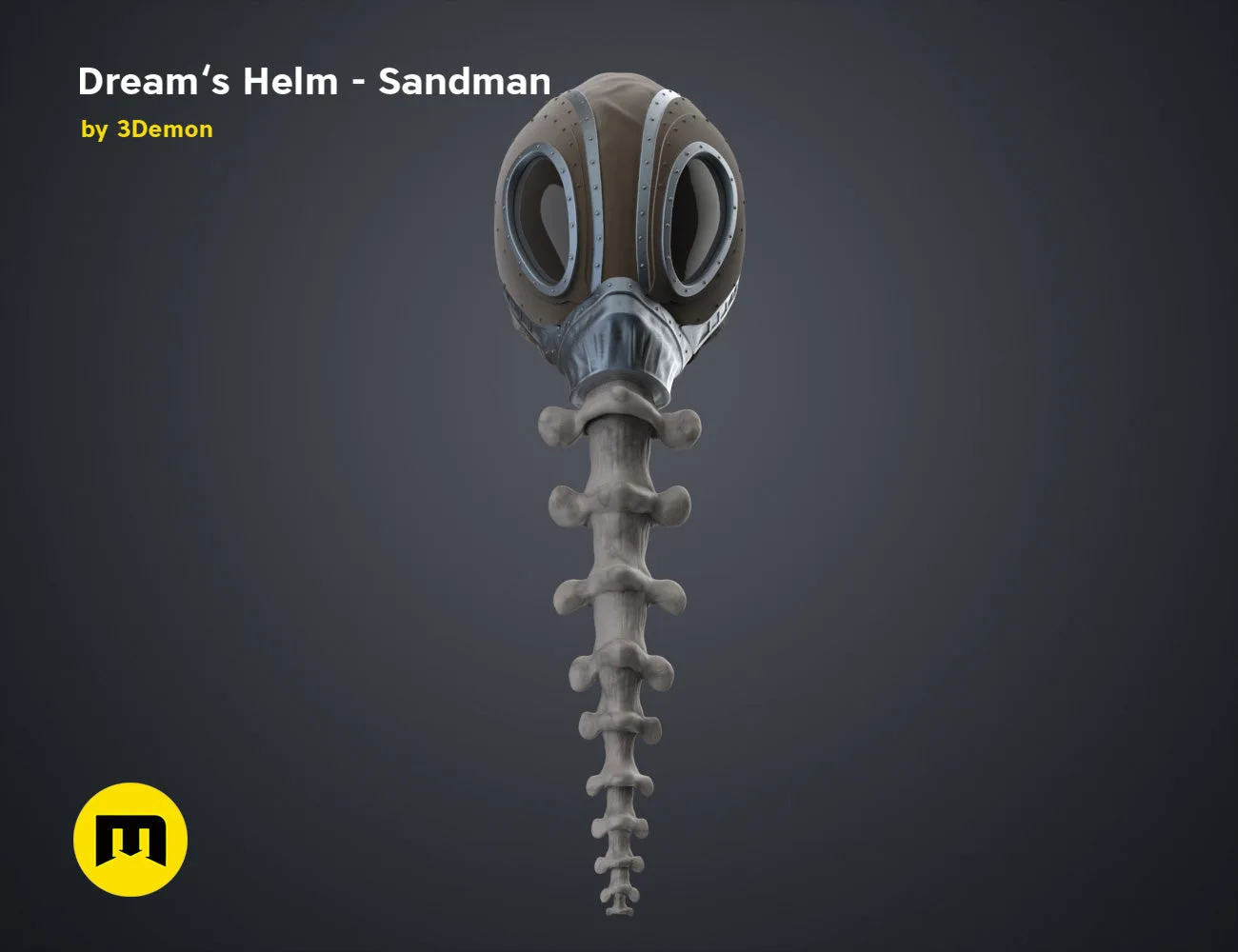 Printable 3D model of Dream’s Helm – Sandman, grey textured helm with segmented spine.