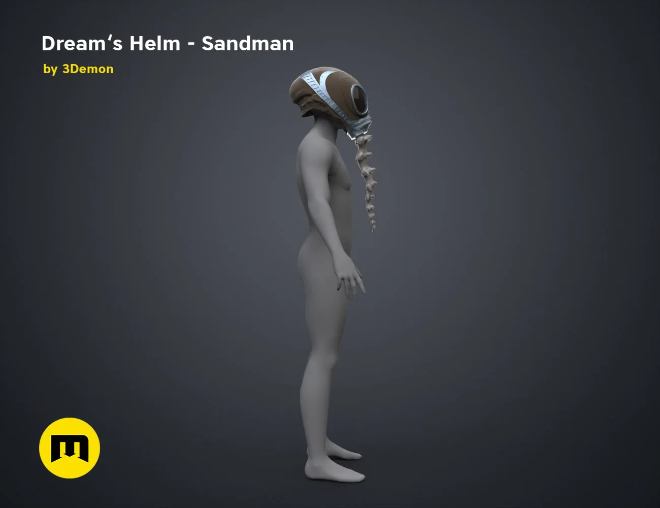 Digital 3D render of Dream’s Helm Sandman STL, grey textured headpiece with spiral neck detail.