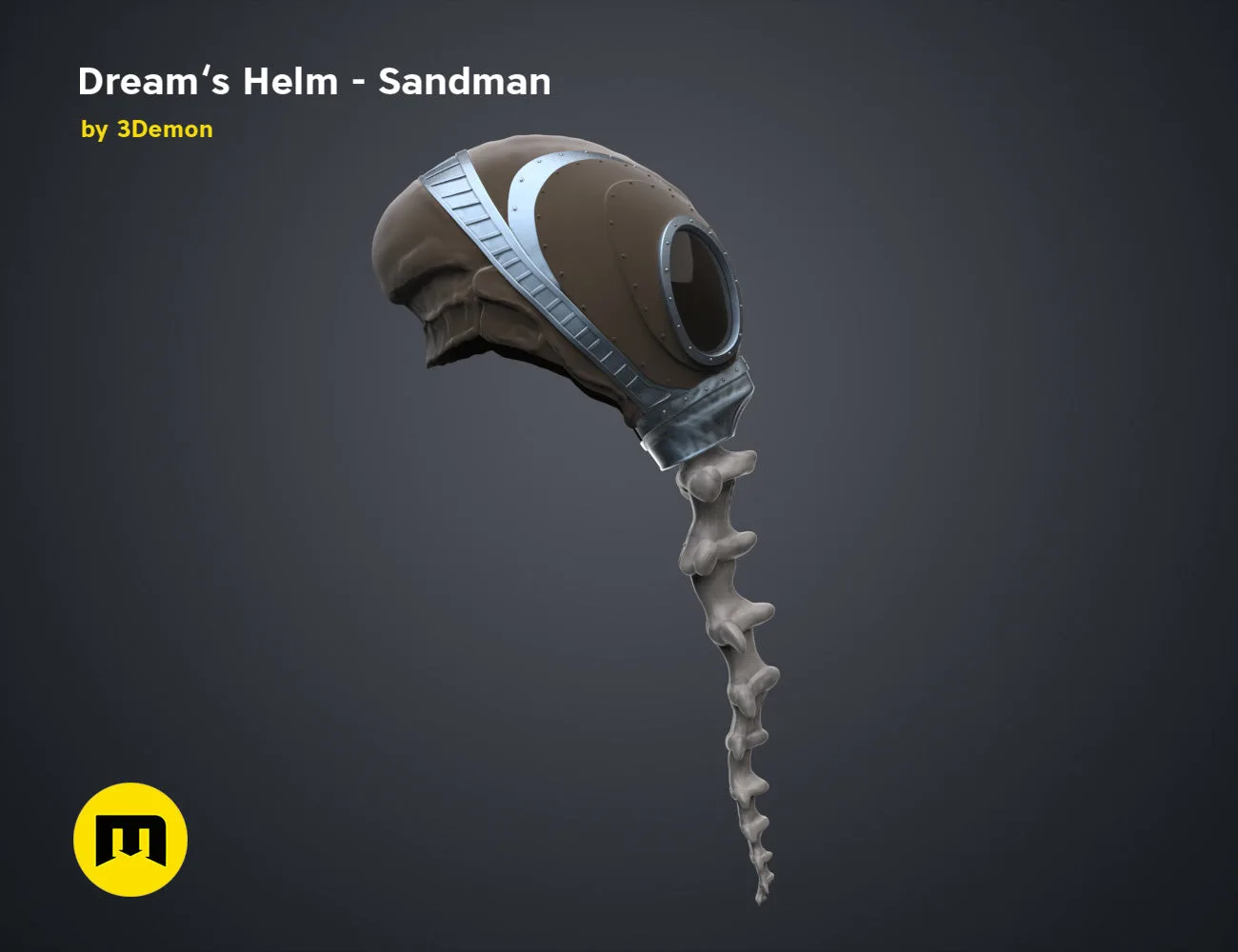 Digital 3D render of Dream’s Helm Sandman STL, brown helm with silver straps and flowing hair.