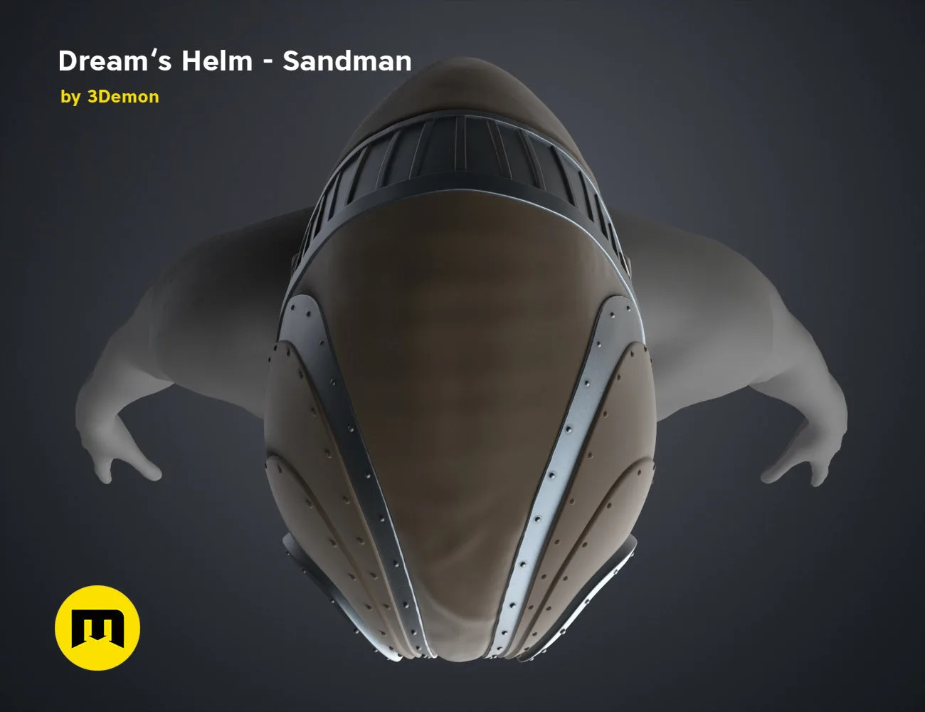 Digital 3D render of Sandman’s helm STL, dark grey metallic cosplay prop with ribbed top.
