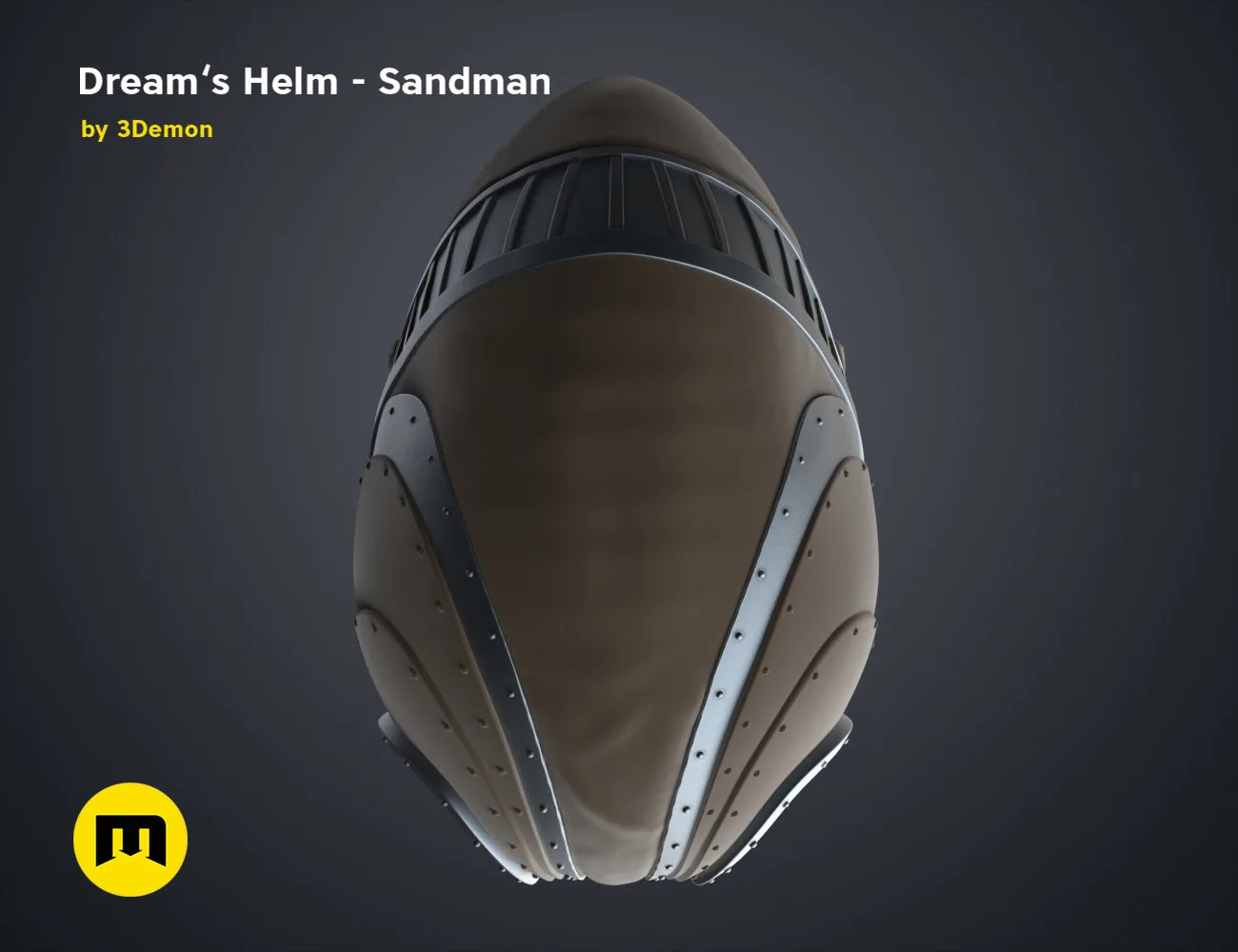 Digital 3D render of Dream’s Helm Sandman STL, dark grey metallic cosplay helmet with riveted plates.