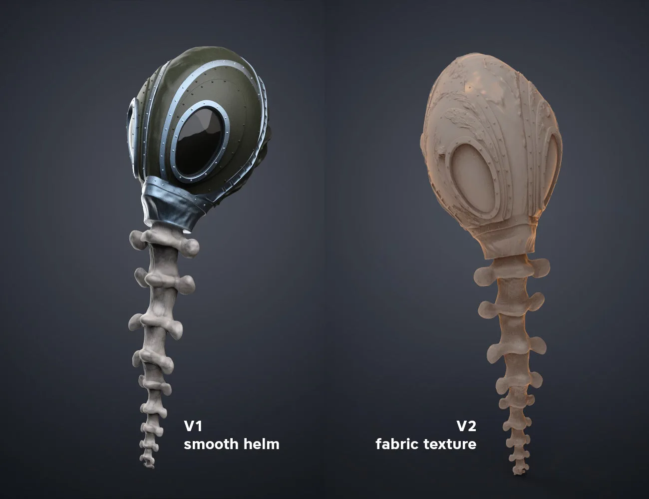 Textured 3D render of The Sandman’s helm, smooth and fabric-textured versions, black/grey 3D print cosplay prop.