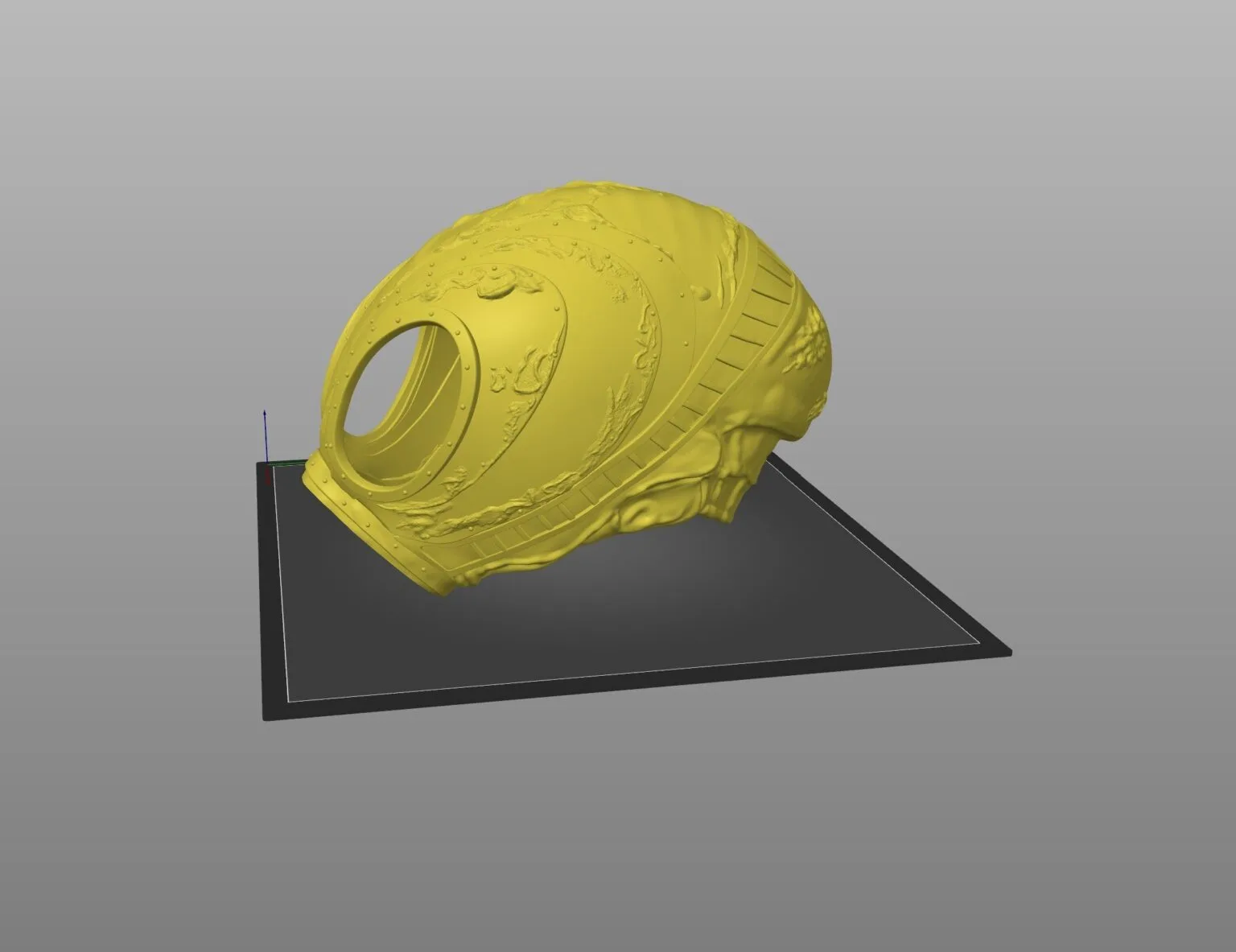 Textured 3D render of The Sandman’s helm STL, yellow detailed fantasy cosplay prop.