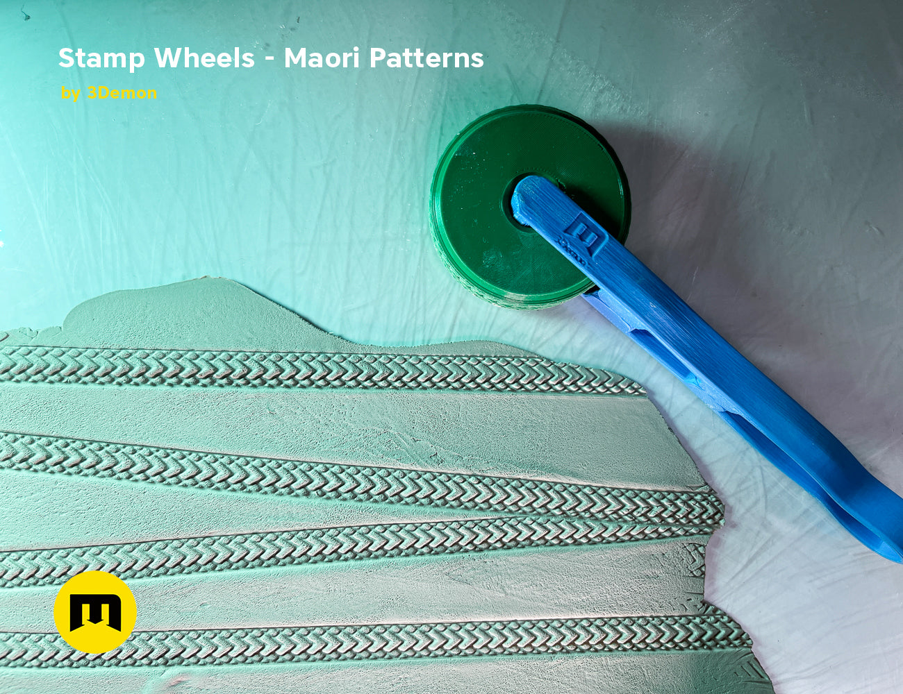 Close-up of Stamp Wheels for Bodypaint — Maori Tattoos, intricate patterns, green paint roller.