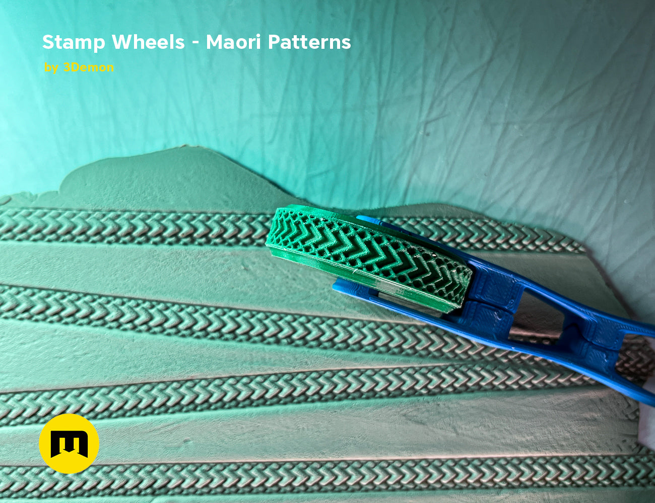 Exploded view of Stamp Wheels for Bodypaint — Maori Tattoos, 3 green patterned wheels, 3D print.