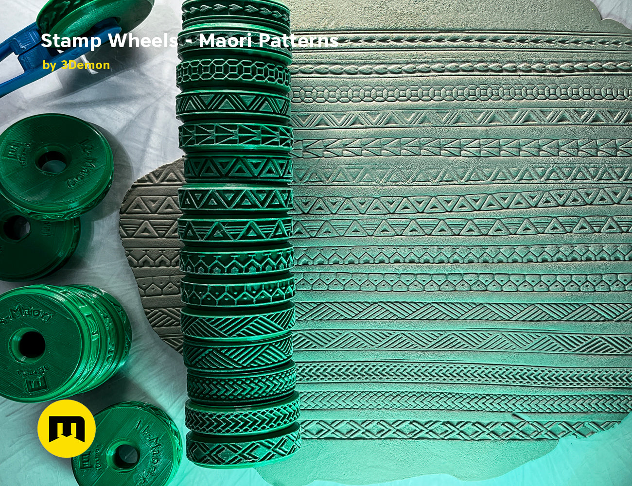 Lifestyle photo of 3D printed Maori Tattoos stamp wheels, green textured wheels with intricate patterns.