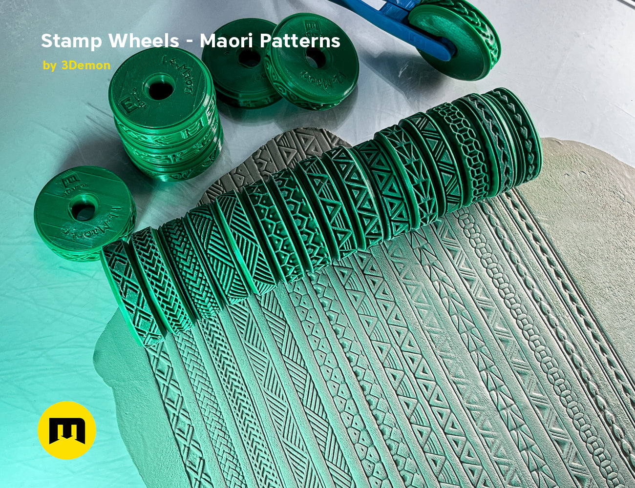 Lifestyle photo of 3D printed Maori Tattoos stamp wheels, green bodypaint tools with intricate patterns.