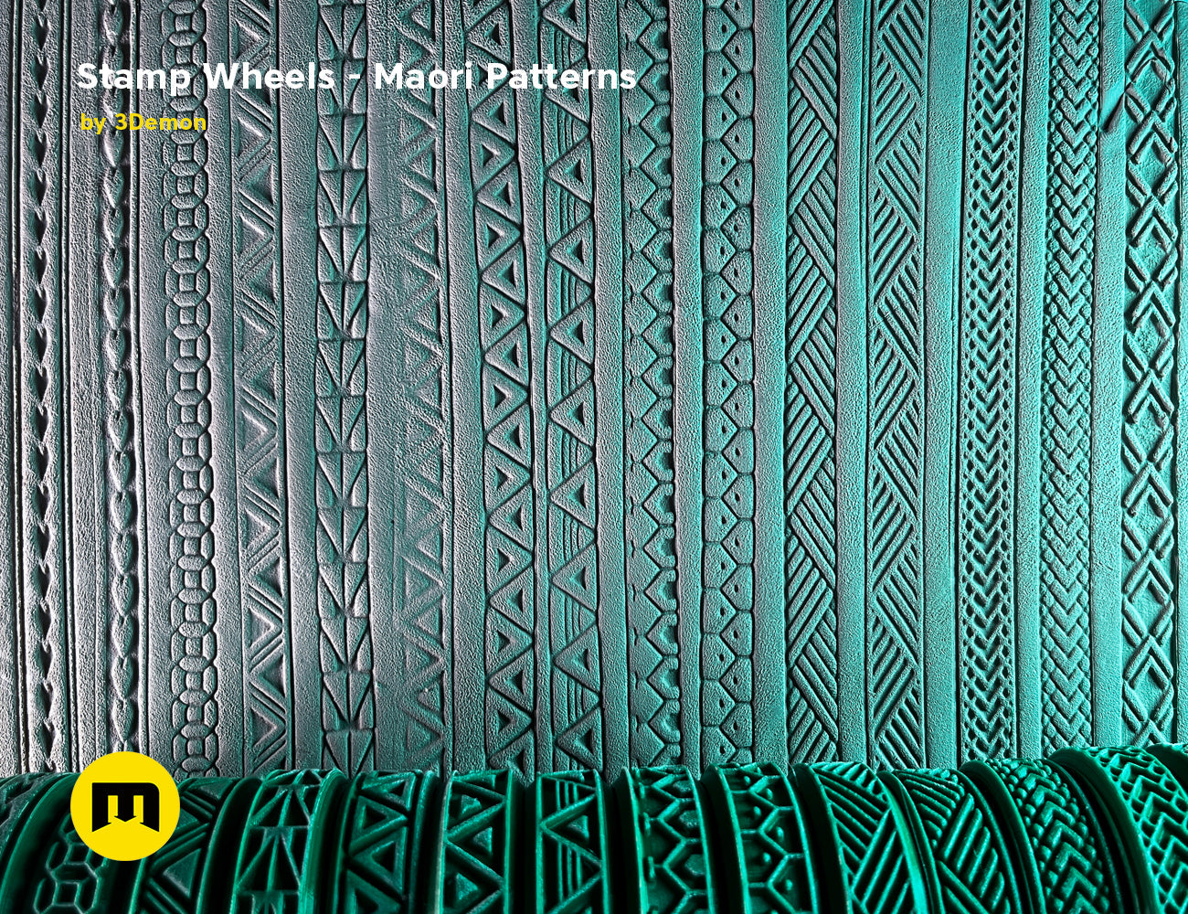 Textured 3D render of Stamp Wheels for Bodypaint — Maori Tattoos, turquoise geometric patterns, 12 wheels, STL.