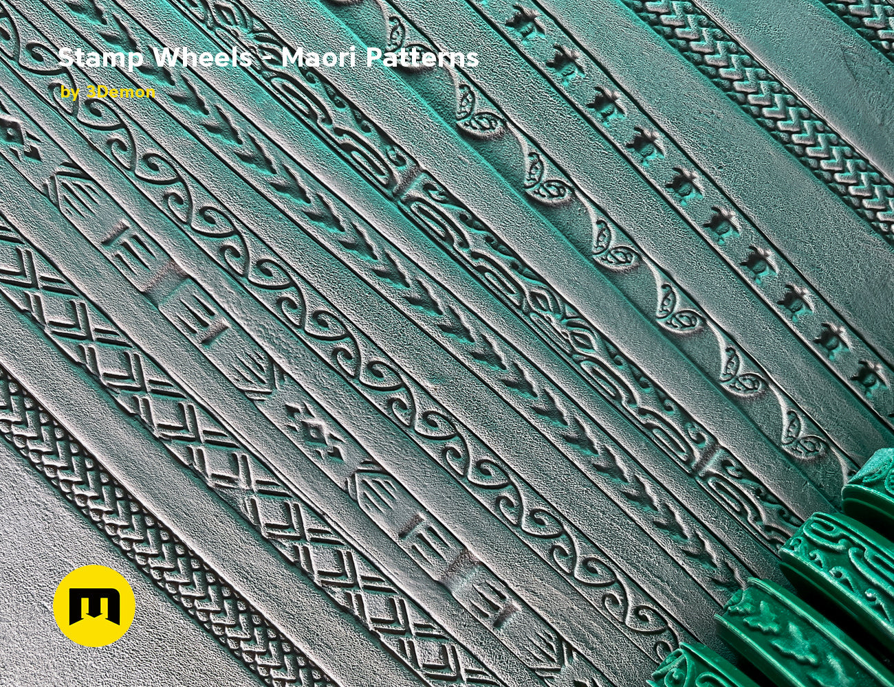 Textured 3D render of Stamp Wheels for Bodypaint — Maori Tattoos, intricately carved patterns, teal STL.