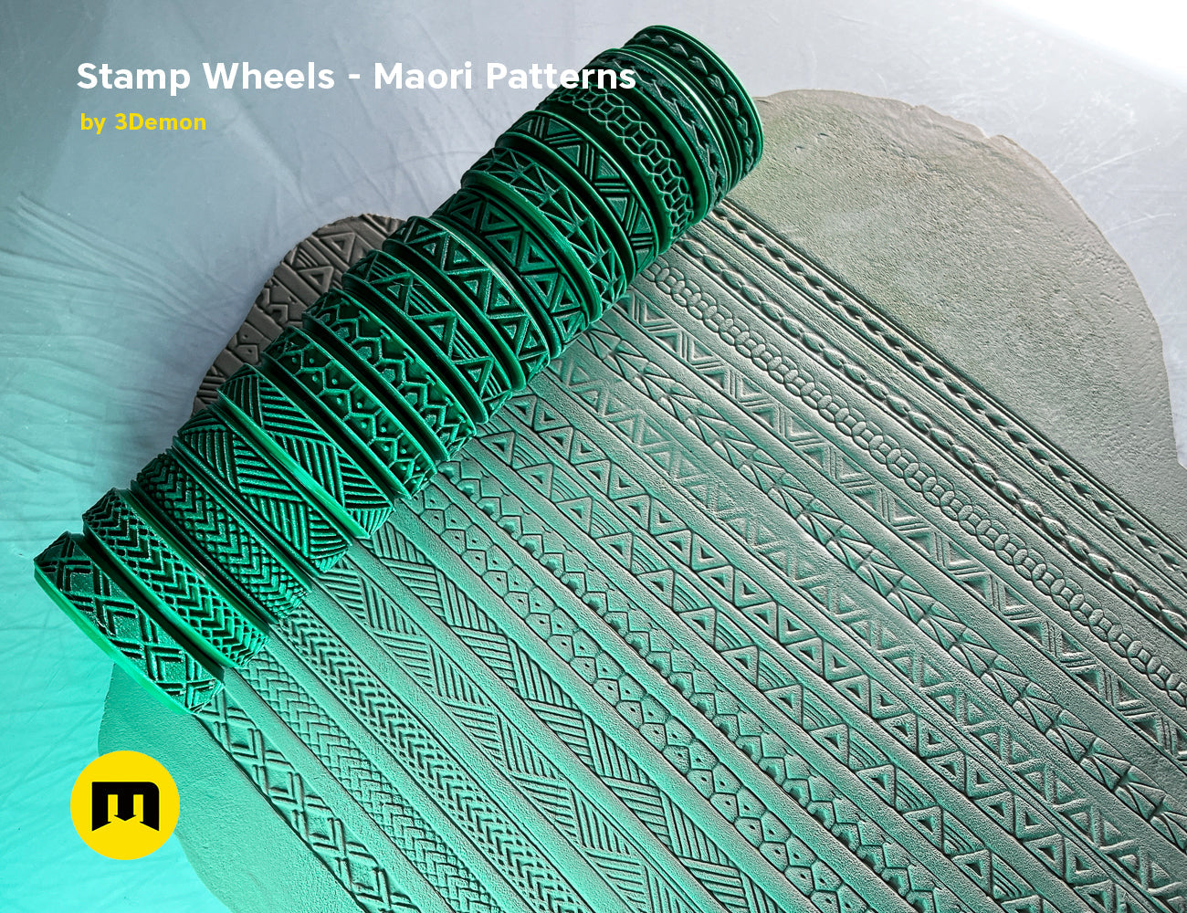 Textured 3D render of Stamp Wheels for Bodypaint — Maori Tattoos, green intricately carved patterns, 3D print.