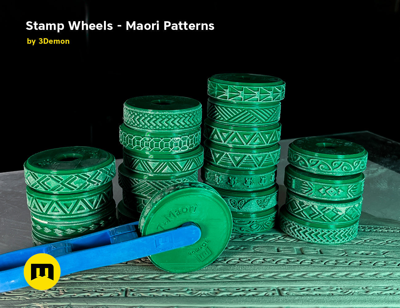 Textured 3D render of Stamp Wheels for Bodypaint — Maori Tattoos, green 3D printed wheels, 8 designs.