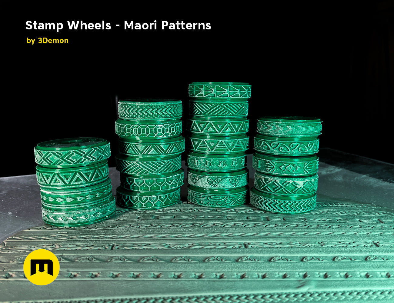 Textured 3D render of Stamp Wheels for Bodypaint — Maori Tattoos, green 3D printed circular patterns, 12 wheels.