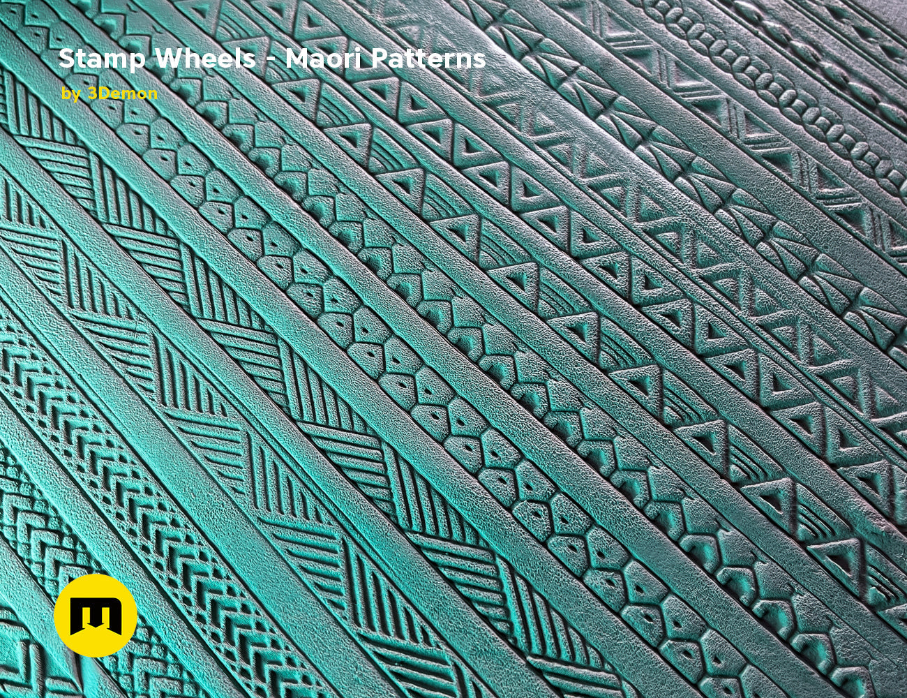 Textured 3D render of Stamp Wheels for Bodypaint — Maori Tattoos, turquoise intricately carved patterns, 3D print.